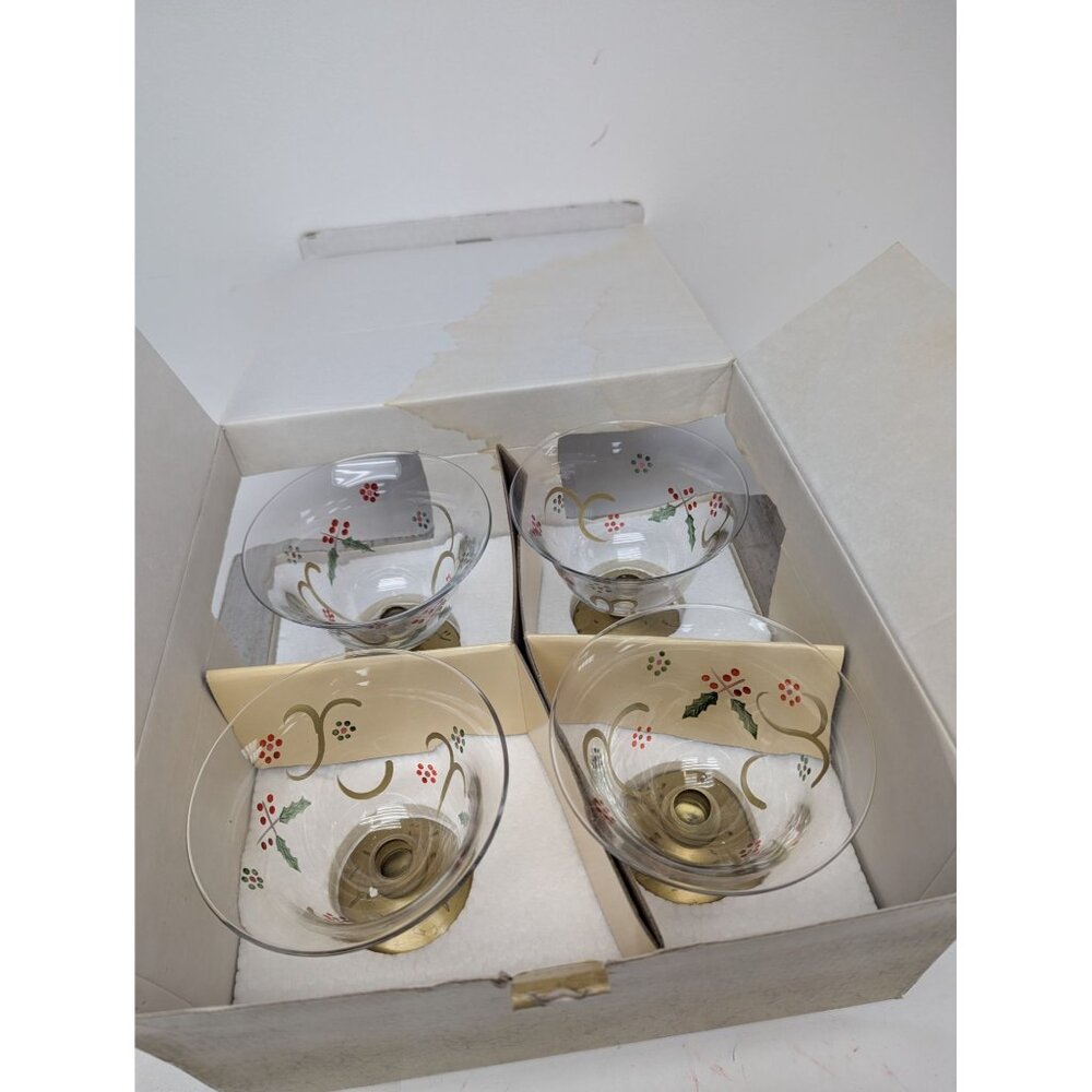 Pfaltzgraff Holiday Gold Hand Painted Glass Pedestal Dessert Bowls Set 4 Box - Picture 7 of 7